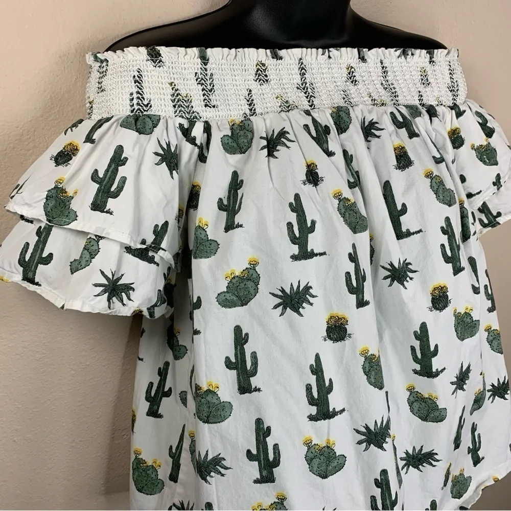 Cactus Print Ruffle Short Sleeve Off Shoulder Top Medium Blue Rain Western
